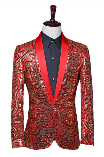 Blazer de bal à revers châle rouge à paillettes scintillantes pour homme